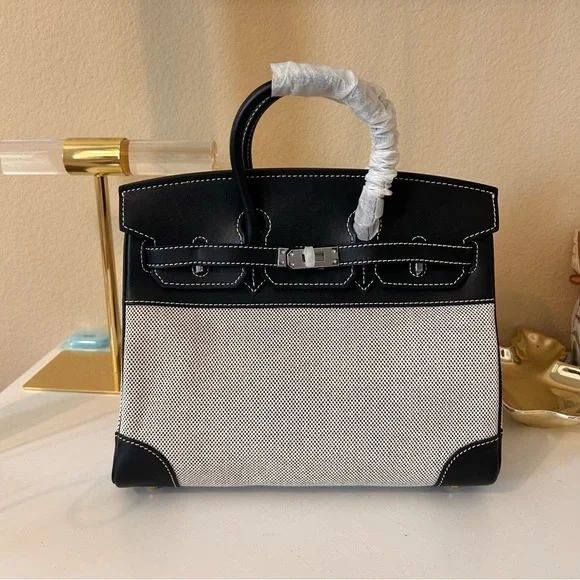 25cm Leather & Canvas Combo Black Satchel